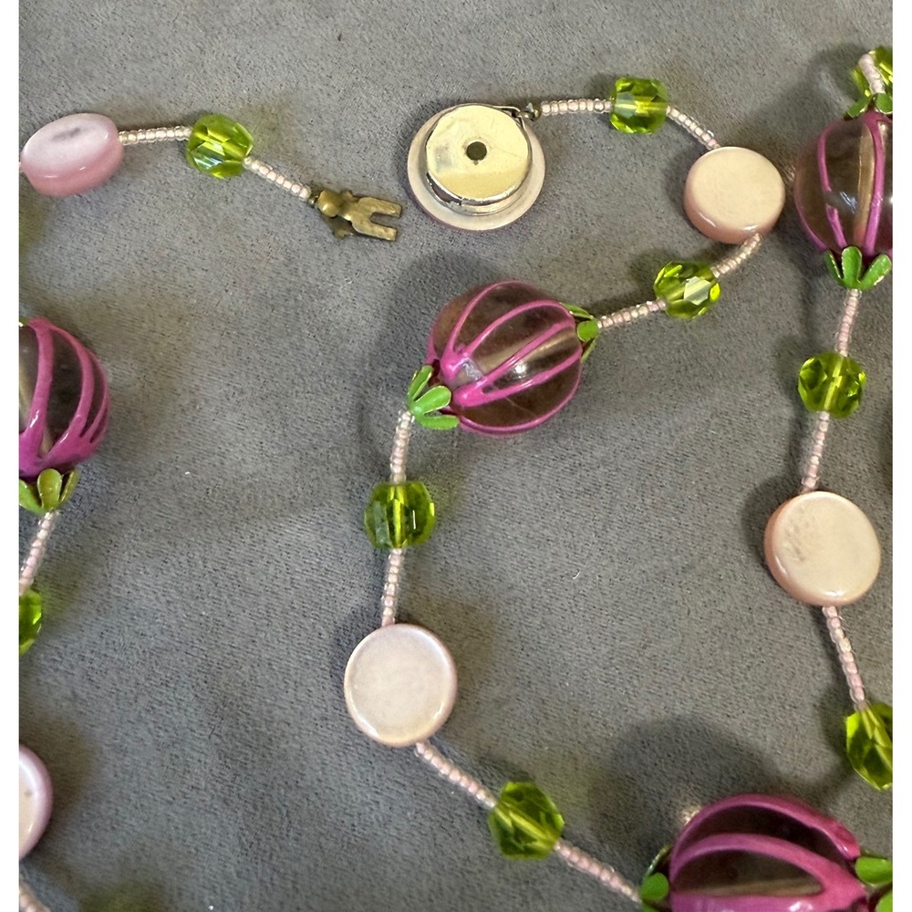 Vintage Pink Green Melon Bead Necklace Garden Floral Eclectic Statement 30 Inch - Picture 4 of 8